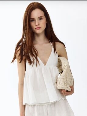 Divided White Textured Halter Tiered Camisole